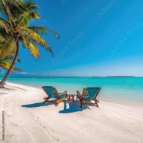 Luxurious summer loungers umbrellas near beach and sea with palm trees and blue sky.