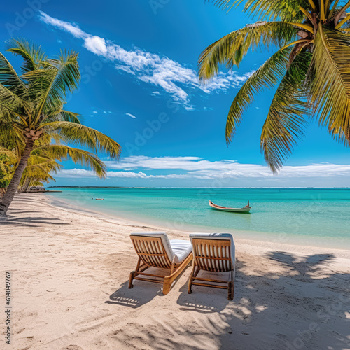 Luxurious summer loungers umbrellas near beach and sea with palm trees and blue sky.