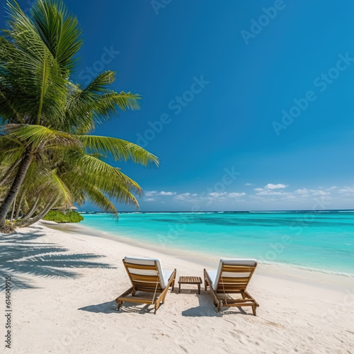 Luxurious summer loungers umbrellas near beach and sea with palm trees and blue sky. © STORYTELLER