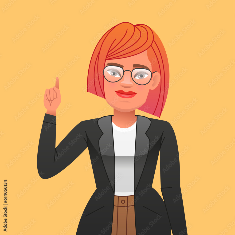 Young stylish confident woman in glasses points to something with her finger. Beautiful happy girl in a business suit with red hair. Young stylish confident woman in glasses points to something with her finger. Beautiful happy girl in a business suit with red hair.