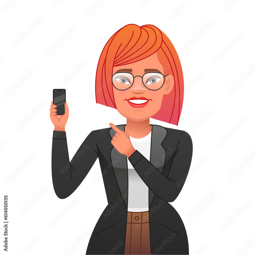 Smiling young confident woman in glasses points to a smartphone in her hand. Beautiful happy girl in a business suit with red hair. Smiling young confident woman in glasses points to a smartphone in her hand. Beautiful happy girl in a business suit with red hair.