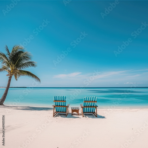 Luxurious summer loungers umbrellas near beach and sea with palm trees and blue sky.