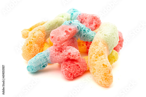 Freeze Dried Bicolored Candy Sour Worms on a White Background photo