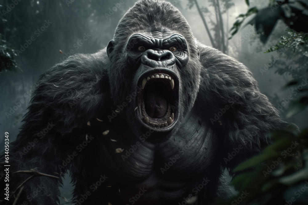 Front view strong screaming aggressive gorilla king kong in jungle, big monkey with open mouth in forest. Wild animal Generative AI illustration