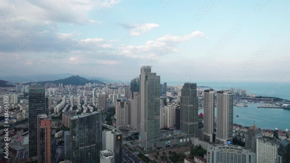 4k aerial photography of Qingdao city buildings skyline