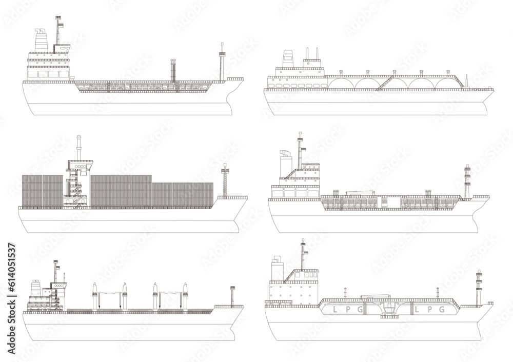 コンテナや石油やガスなどを海上輸送するいろんな貨物船の線画