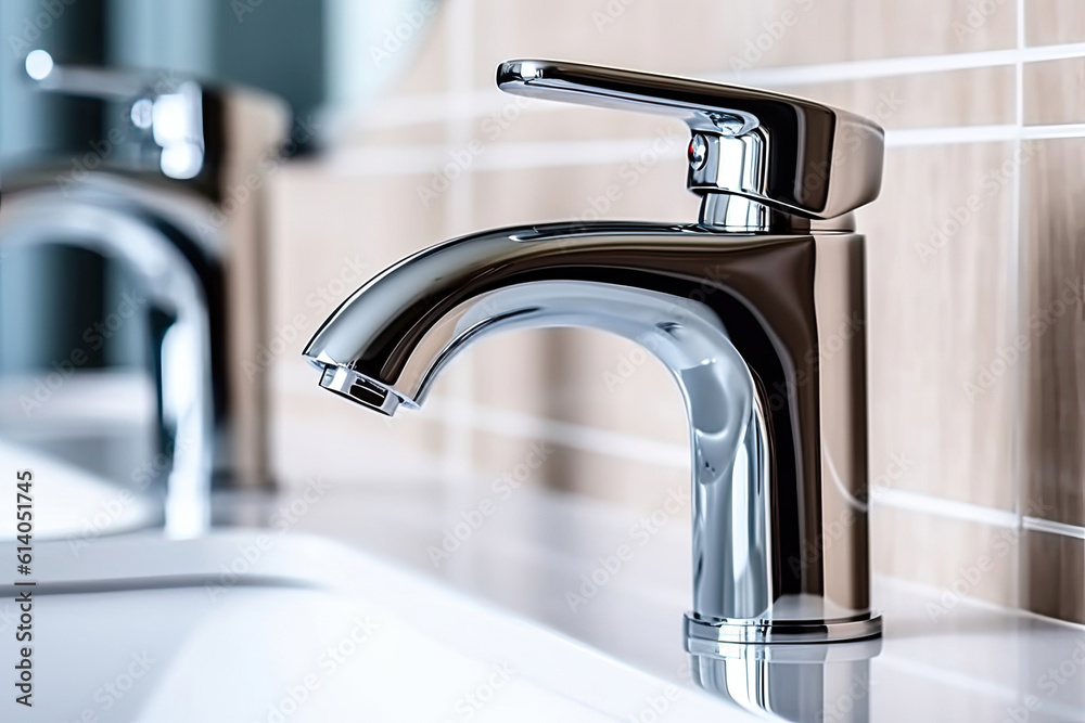 Interior of bathroom with sink basin faucet. Open chrome faucet washbasin. Modern design of bathroom
