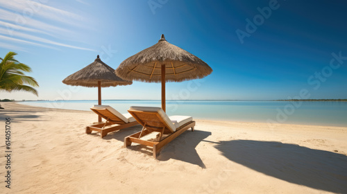 Luxurious summer loungers umbrellas near beach and sea with palm trees and blue sky  