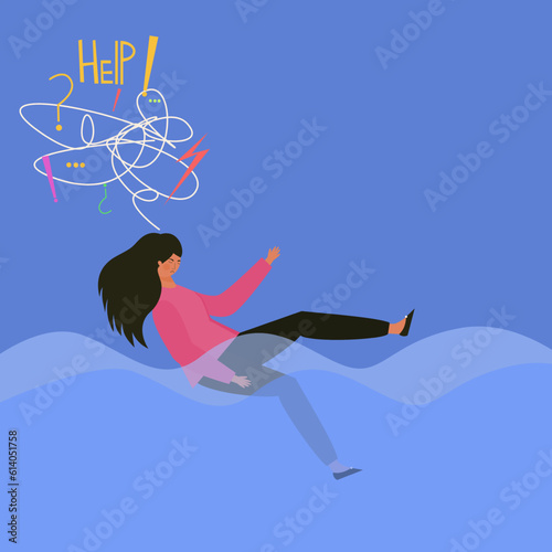 Depressed woman drowning in the sea illustration. Depression and mental health illustration concept.