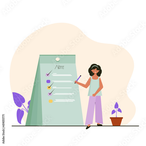 Woman checklist note at work or school illustration. Recording goals on paper illustration character.