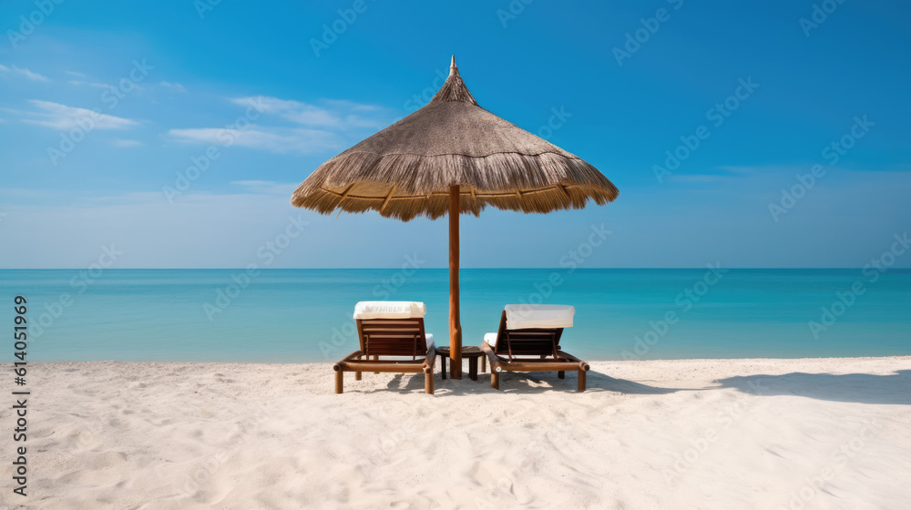 Luxurious summer loungers umbrellas near beach and sea with palm trees and blue sky, 