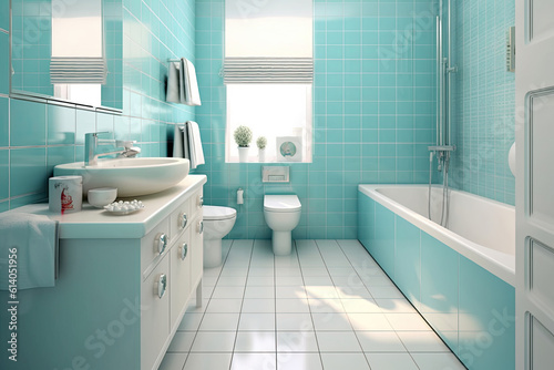 Modern spacious bathroom with bright tiles with toilet and sink. Side view © Sasint