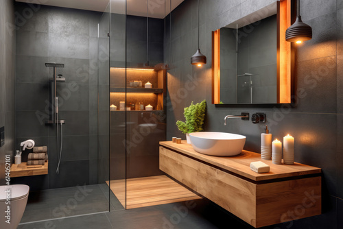 Stylish modern bathroom with shower, sink and towels