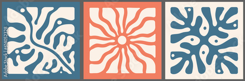 Organic abstract square prints. Aesthetic of mid-century modern art. Rough wavy natural shapes. Hand drawn minimalist natural patterns. Retro bold 60's-70's style graphics.