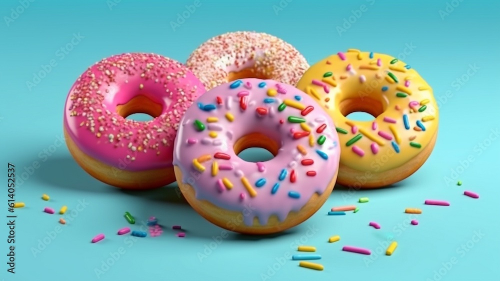 Flying frosted doughnuts with sprinkles. Doughnuts in various colors with sprinkles isolated on a colourful backdrop. rendering in 3D. Generate Ai Flying frosted doughnuts with sprinkles. Doughnuts in various colors with sprinkles isolated on a colourful backdrop. rendering in 3D. Generate Ai