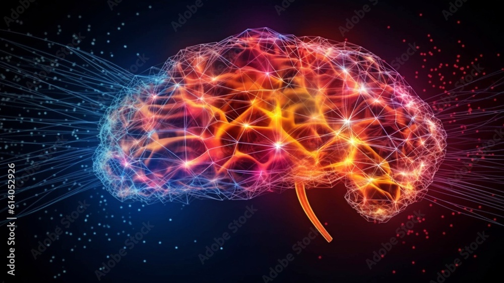 plexus lines and human brain activity. the frontal lobe's external cerebral connections. Conceptual drawing using copy space for communication, psychology, AI, and cognition. GENERATE AI plexus lines and human brain activity. the frontal lobe's external cerebral connections. Conceptual drawing using copy space for communication, psychology, AI, and cognition. GENERATE AI