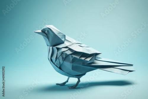 White folding paper bird in a light blue background, Generative AI