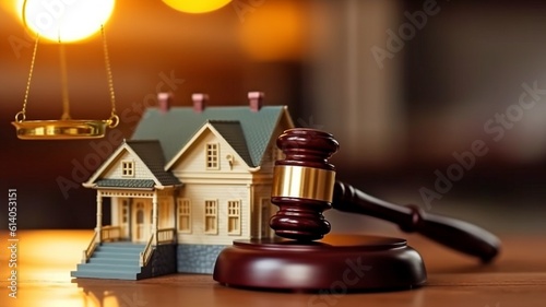 Real estate auction and idea judge. gavel, law texts, and a model of a house. GENERATE AI