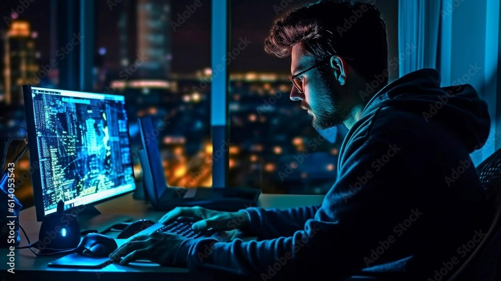 Programmer works remotely late at night. GENERATE AI Programmer works remotely late at night. GENERATE AI