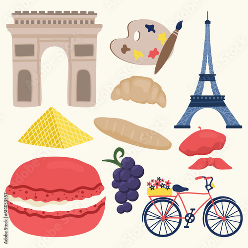 Set of France Iconic Object Cute Hand Drawn Illustration