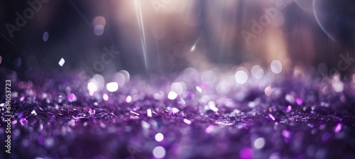Purple shiny glitter lights sparkle bokeh background. Generative AI technology.