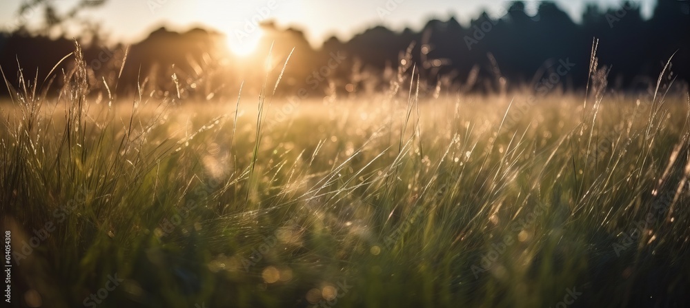 Grass on shiny morning meadow background. Generative AI technology. Grass on shiny morning meadow background. Generative AI technology.
