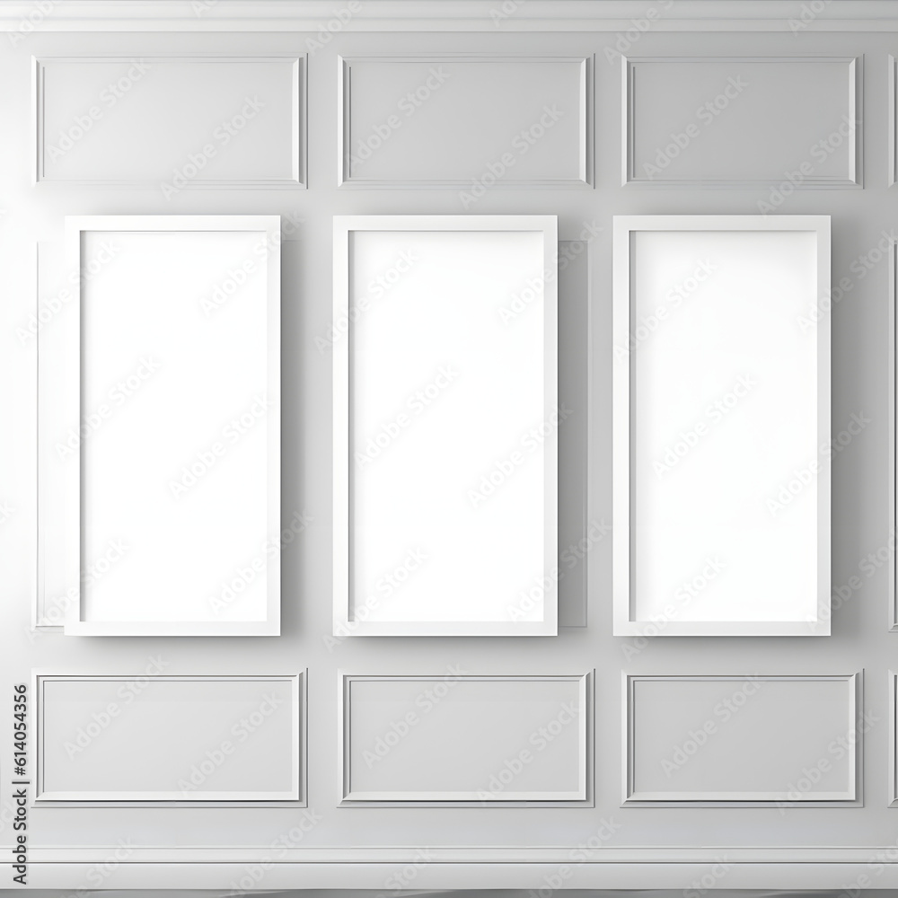 Picture frame on a wall black frame. Blank Mockup. Three vertical frames, modern minimalistic style., template for artwork, painting, photo or poster. Generative AI. Picture frame on a wall black frame. Blank Mockup. Three vertical frames, modern minimalistic style., template for artwork, painting, photo or poster. Generative AI.