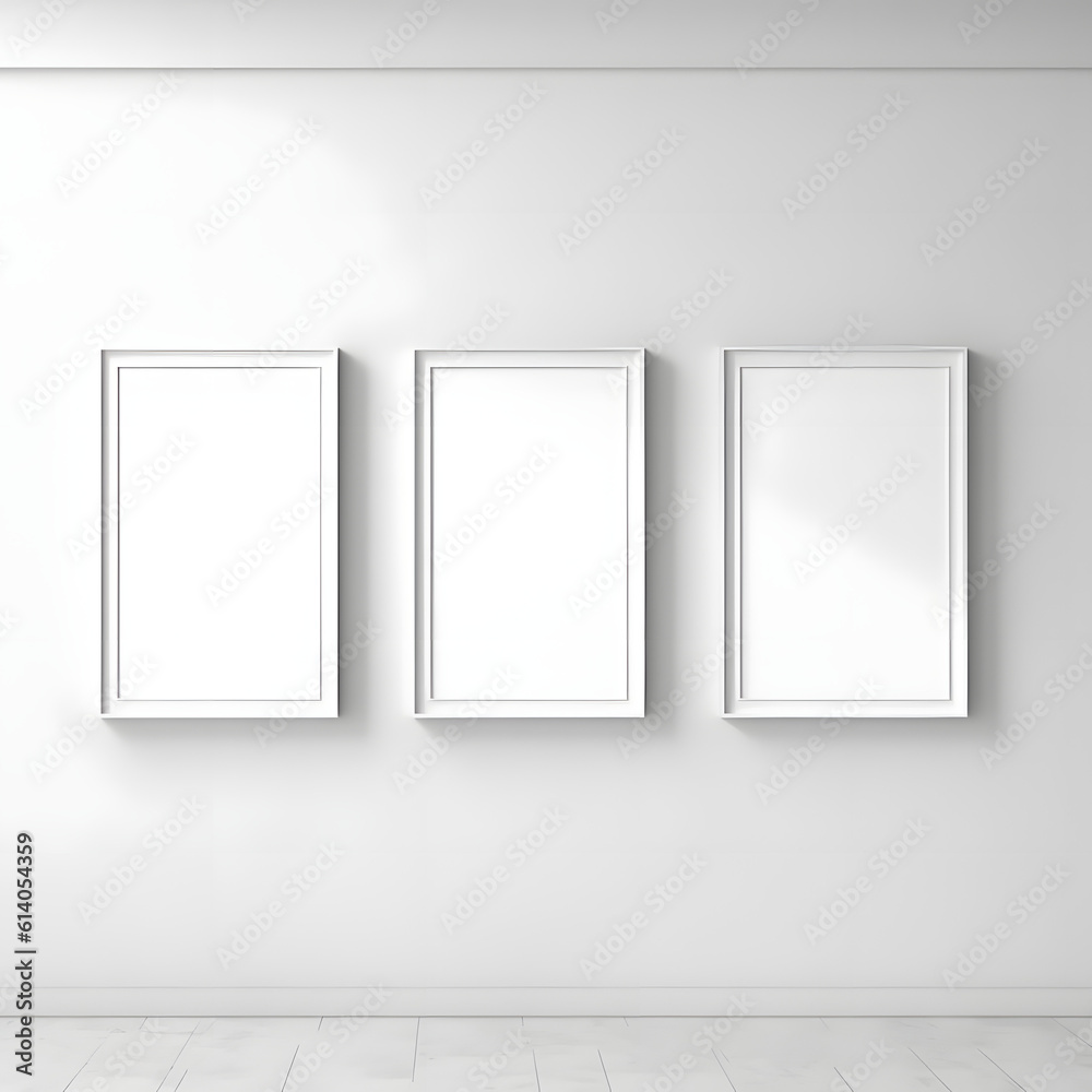 Picture frame on a wall black frame. Blank Mockup. Three vertical frames, modern minimalistic style., template for artwork, painting, photo or poster. Generative AI. Picture frame on a wall black frame. Blank Mockup. Three vertical frames, modern minimalistic style., template for artwork, painting, photo or poster. Generative AI.