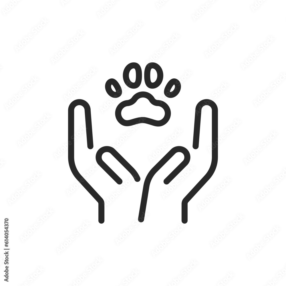 Pet Care Icon. Vector Outline Editable Sign of Animal Protection and Responsible Pet Care. Vector Illustration of Hands Holding Pet Paw Sign. Pet Care Icon. Vector Outline Editable Sign of Animal Protection and Responsible Pet Care. Vector Illustration of Hands Holding Pet Paw Sign.