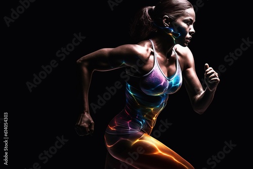 A strong athletic, woman sprinter, running on black background wearing in the sportswear, fitness and sport motivation. Runner concept Generative AI.