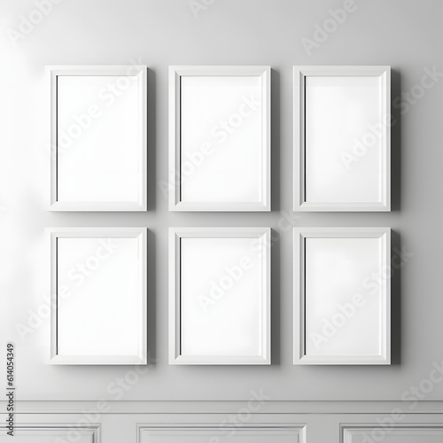  Picture frame on a wall black frame. Blank Mockup. six vertical frames, modern minimalistic style., template for artwork, painting, photo or poster.  Generative AI.