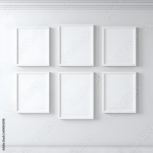  Picture frame on a wall black frame. Blank Mockup. six vertical frames, modern minimalistic style., template for artwork, painting, photo or poster. Generative AI.