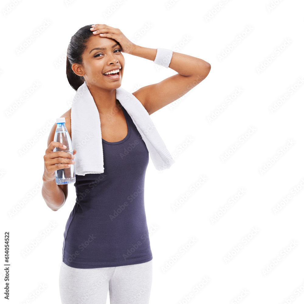 Tired, drinking water and portrait of woman after workout, sweating from exercise and fitness. Happy, training and a girl with a drink after cardio and pilates isolated on transparent png background Tired, drinking water and portrait of woman after workout, sweating from exercise and fitness. Happy, training and a girl with a drink after cardio and pilates isolated on transparent png background