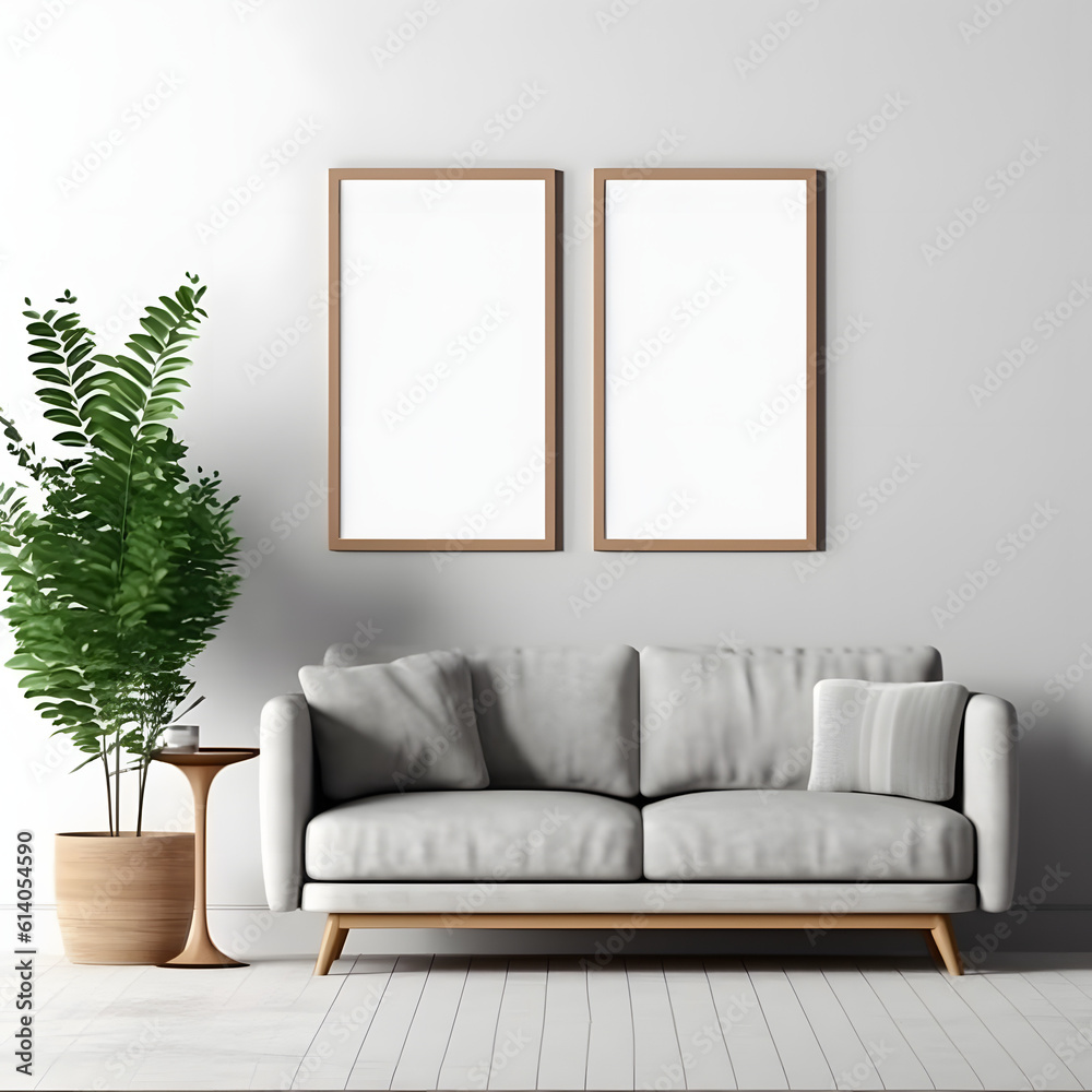Blank picture frame mockup on white wall. Modern living room design. View of modern Boho style interior with sofa, minimalism concept. Two vertical templates for artwork, painting, photo or poster Blank picture frame mockup on white wall. Modern living room design. View of modern Boho style interior with sofa, minimalism concept. Two vertical templates for artwork, painting, photo or poster