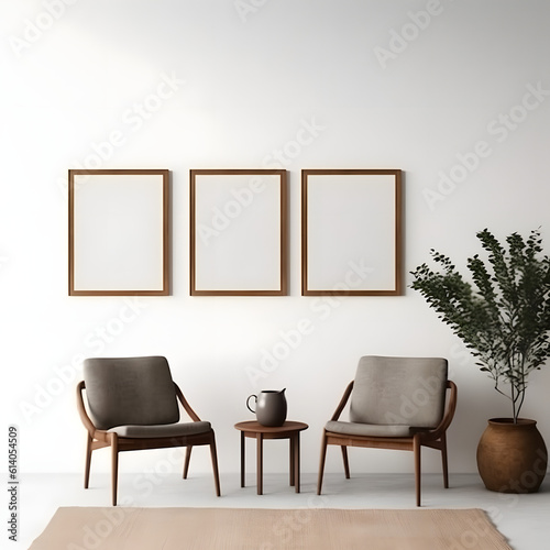 Blank picture frame mockup on white wall. Modern living room design. View of modern minimalist style, Boho style interior with chair. Three vertical templates for artwork, painting, photo or poster