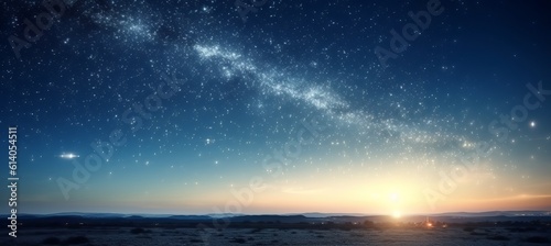 Desert sunrise landscape and bright starry space background. Generative AI technology. 
