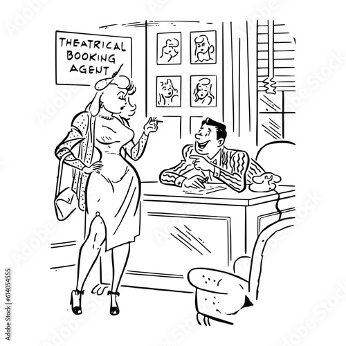 A man and a woman in a cafe. Black and white vector illustration.