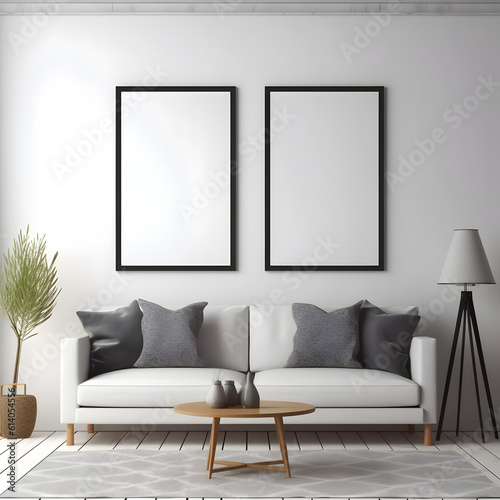  Picture frame on a wall black frame. Blank Mockup. Two vertical frames, modern minimalistic style., template for artwork, painting, photo or poster.  Generative AI.