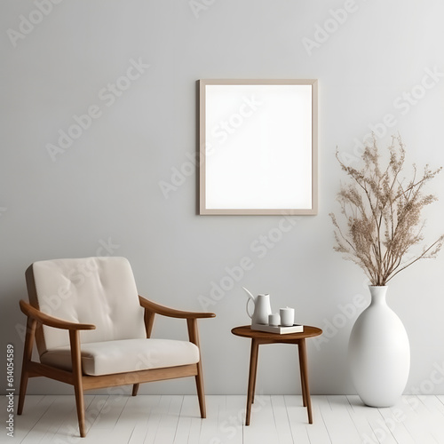 Empty horizontal frame mockup in modern minimalist interior with plant in trendy vase on white wall background. Template for artwork, painting, photo or poster