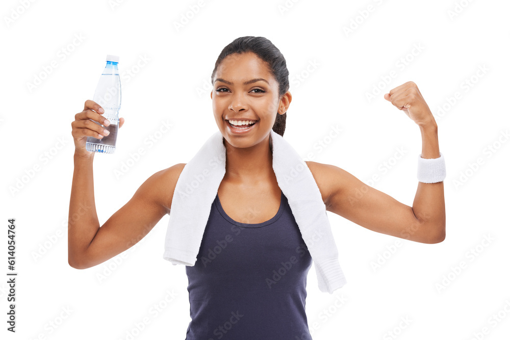 Portrait, winner and arms with a sports woman isolated on a transparent background for health or fitness. Exercise, smile and strong with a happy young female athlete flexing her biceps on PNG Portrait, winner and arms with a sports woman isolated on a transparent background for health or fitness. Exercise, smile and strong with a happy young female athlete flexing her biceps on PNG