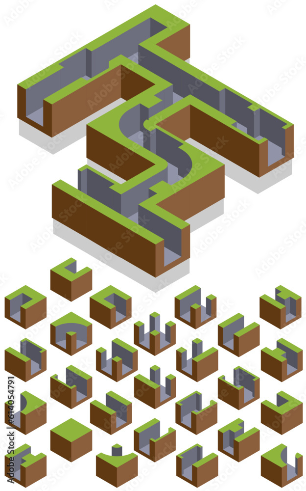 A set of elements for creating a maze. Isometric. Isolated on white background. Vector illustration.