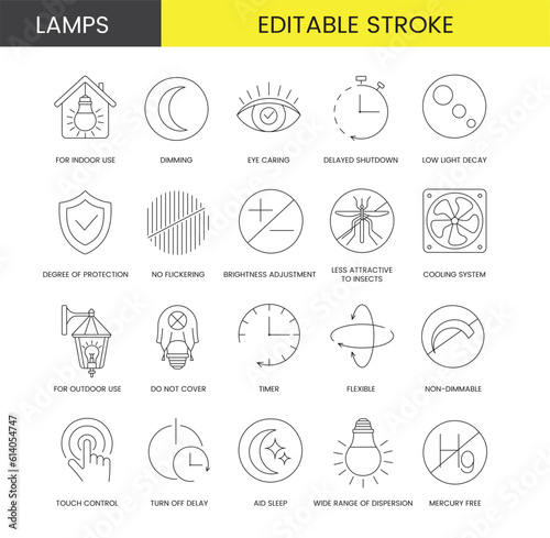Line icon set in vector for lamp packaging, technical specifications illustration, delayed shutdown and eye caring, for indoor use and dimming, degree of protection, low light decay. Editable stroke