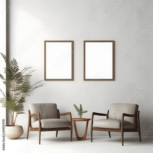 Blank picture frame mockup on white wall. Modern living room design. View of modern minimalist style, Boho style interior with chair. Two vertical templates for artwork, painting, photo or poster © Wonder AI Studios