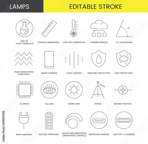 Set of line icons in vector for lamp packaging, illustration of technical specifications, low heat dissipation, physical dimensions and free of toxic chemicals, tilt adjustment. Editable stroke.