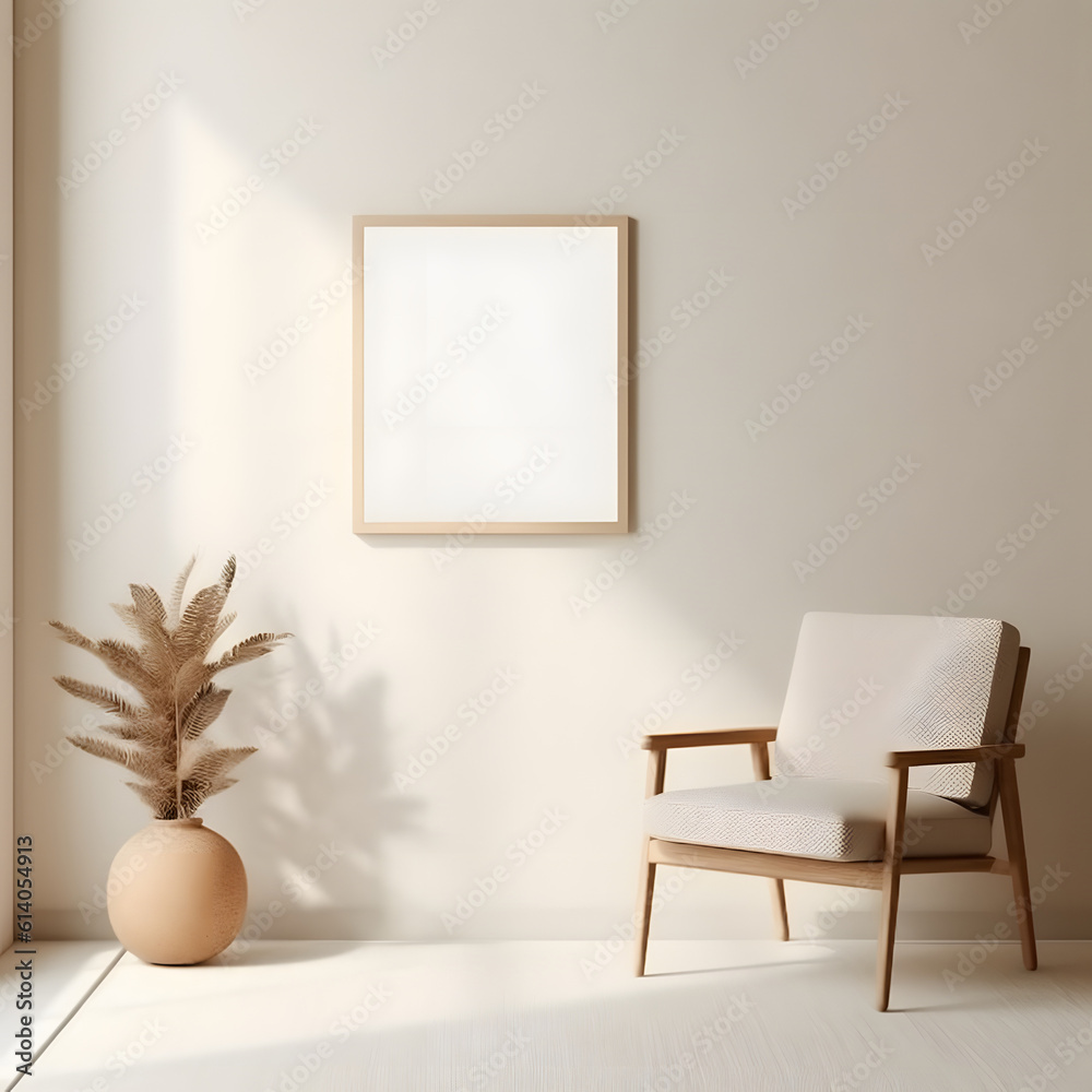 Empty horizontal frame mockup in modern minimalist interior with plant in trendy vase on white wall background. Template for artwork, painting, photo or poster Empty horizontal frame mockup in modern minimalist interior with plant in trendy vase on white wall background. Template for artwork, painting, photo or poster
