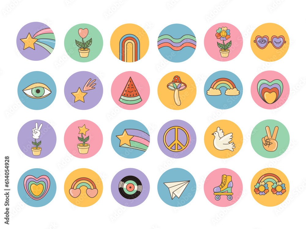 Funny cartoon heart, rainbow, peace, love icons etc. Isolated cartoon vector illustration. Sticker pack in trendy retro style. Groovy 70s set. Funny cartoon heart, rainbow, peace, love icons etc. Isolated cartoon vector illustration. Sticker pack in trendy retro style. Groovy 70s set.