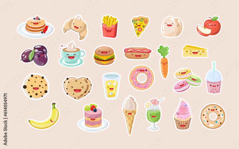 Cute food Sticker set. Food Kawaii sticker set in cartoon style. Drinks, fast food, fruit, vegetables, desserts. Cute food Sticker set. Food Kawaii sticker set in cartoon style. Drinks, fast food, fruit, vegetables, desserts.
