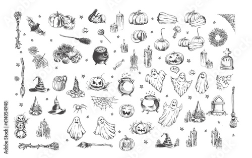 Big set of halloween elements in sketch style. Design of witch, ghost, creepy and spooky elements for halloween decorations, sketch, icon. Hand drawn vector isolated on white background.
