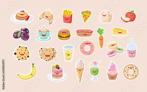 Cute food Sticker set.  Food Kawaii sticker set in cartoon style. Drinks, fast food, fruit, vegetables, desserts.