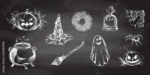Set of halloween elements in sketch style. Design of witch, creepy and spooky elements for halloween decorations, sketch, icon. Hand drawn vector pointed hat, pumpkin, cauldron, broom, spider, spider